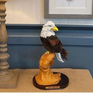 Woodway Bald Eagle Figurine on Falconer Glove Sculpture Wood Base Decor